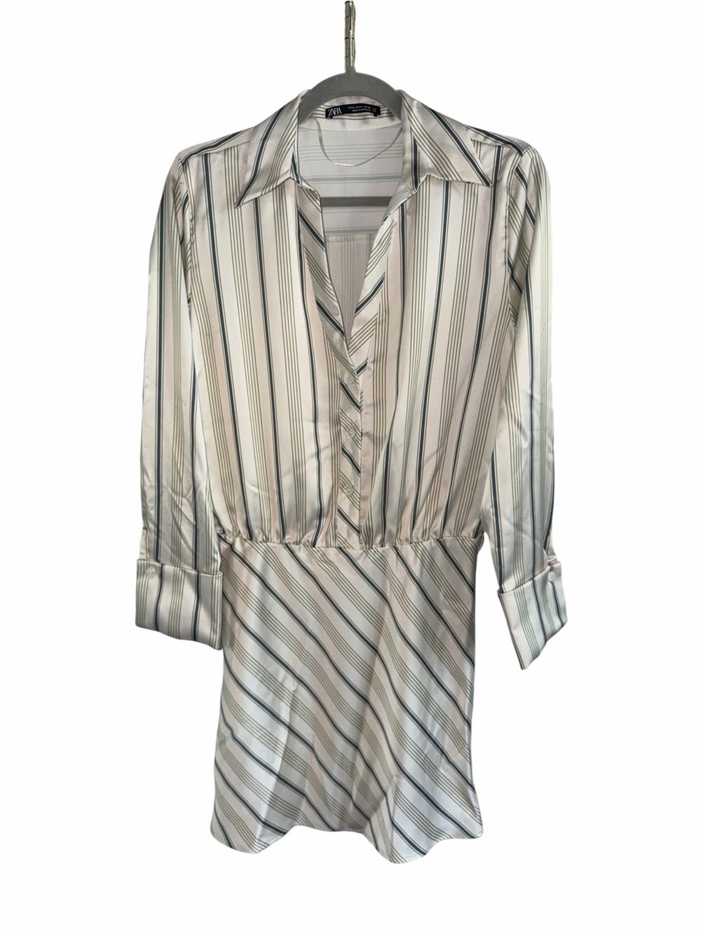 Zara Satin Stripe Shirt Dress Mini Ecru Green Long Sleeve Size M - Picture 5 of 12